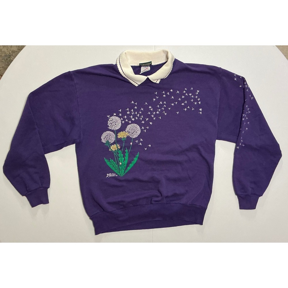 VTG USA Granny Purple Spring Dandelion Floral‎ Wrap Collar Sweatshirt Crewneck M
